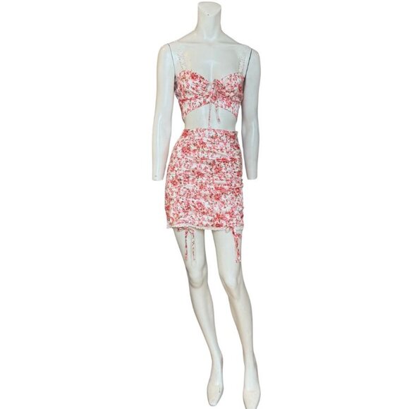 O.Vianca Dresses & Skirts - O.Vianca Floral Cropped Cami Tie Front Top and Mini Skirt Pink White Size Large